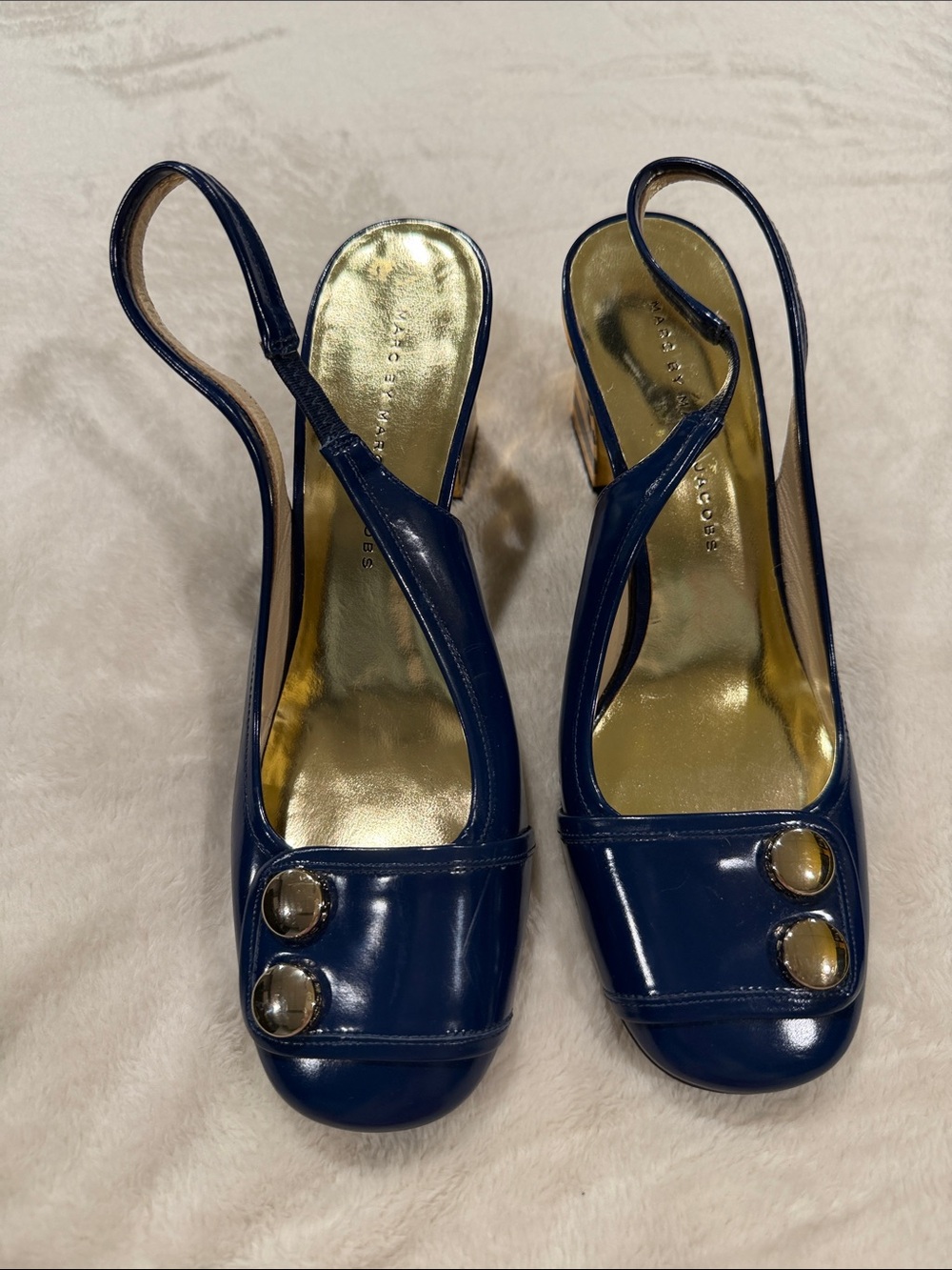 Marc By Marc Jacobs Blue Patent Slingback Heels with Gold Block Heel